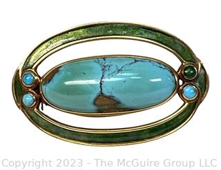 Antique Tiffany & Co. Art Nouveau Gold with Stone Center and Enamel Surround Brooch.  Tested 18kt.  12.5 grams total weight