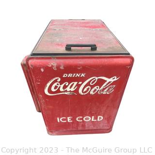 Drink Coca-Cola Large Flip Top Beverage Ice Box Cooler on Wheels.  Motor and compressor have been removed.  26" x 36" x 40"