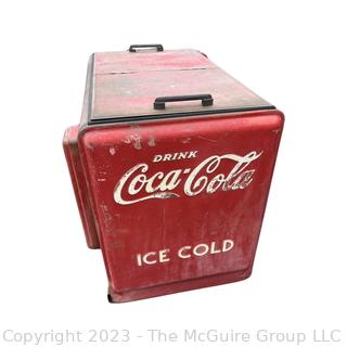 Drink Coca-Cola Large Flip Top Beverage Ice Box Cooler on Wheels.  Motor and compressor have been removed.  26" x 36" x 40"