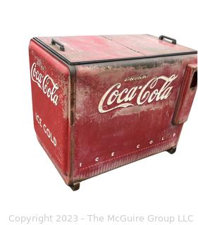 Drink Coca-Cola Large Flip Top Beverage Ice Box Cooler on Wheels.  Motor and compressor have been removed.  26" x 36" x 40"