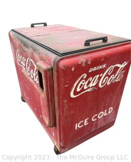 Drink Coca-Cola Large Flip Top Beverage Ice Box Cooler on Wheels.  Motor and compressor have been removed.  26" x 36" x 40"