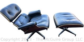 Black Leather Charles and Ray Eames Designed for Herman Miller Lounge Chair & Ottoman.  50th Anniversary Edition.  Wear to leather.  