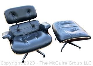 Black Leather Charles and Ray Eames Designed for Herman Miller Lounge Chair & Ottoman.  50th Anniversary Edition.  Wear to leather.  