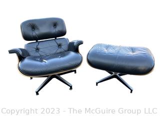 Black Leather Charles and Ray Eames Designed for Herman Miller Lounge Chair & Ottoman.  50th Anniversary Edition.  Wear to leather.  