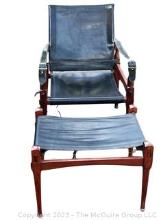 M. Hayat & Brothers Pakistani 'Roorkee' Black Leather Sling Back Safari Campaign Chair with Ottoman. Chair 31"H x 22"D