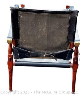 M. Hayat & Brothers Pakistani 'Roorkee' Black Leather Sling Back Safari Campaign Chair with Ottoman. Chair 31"H x 22"D