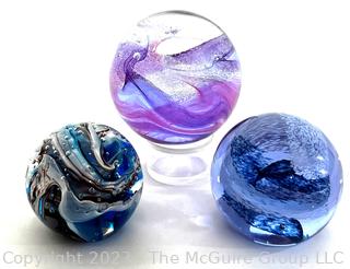 Three (3) Hand Blown Glass Paperweights Two Signed and Numbered by Scottish Designer Caithness 