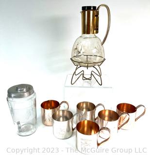 Group of Vintage Barware Including Smirnoff Anodized Aluminum Moscow Mule Mugs and Pyrex Glass Carafe. 