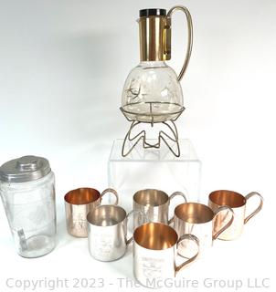 Group of Vintage Barware Including Smirnoff Anodized Aluminum Moscow Mule Mugs and Pyrex Glass Carafe. 