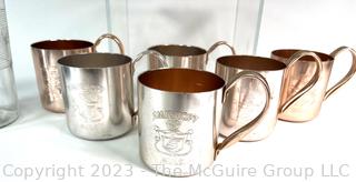 Group of Vintage Barware Including Smirnoff Anodized Aluminum Moscow Mule Mugs and Pyrex Glass Carafe. 