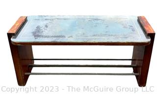 Art Deco Wood with Mirror Inset Top Coffee Table Attributed to Jacques Adnet. Measures 34w x 16d x 16"h