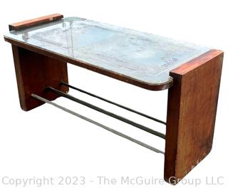 Art Deco Wood with Mirror Inset Top Coffee Table Attributed to Jacques Adnet. Measures 34w x 16d x 16"h