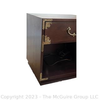 Henredon Campaign Style Walnut Nightstand.  First of Two Offered in the Auction. Measures 22w x 18d x 23"h