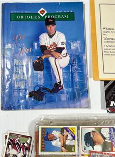 Collection of Memorabilia Including 1980's-90's Baseball Trading Cards, Bumper Stickers, Orioles Honorary Contract for Catching a Foul Ball, a Mike Mussina Game Program and oversized Soft Ball 