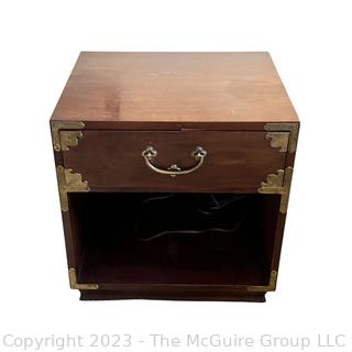 Henredon Campaign Style Walnut Nightstand.  Second of Two Offered in the Auction. Measures 22w x 18d x 23"h  