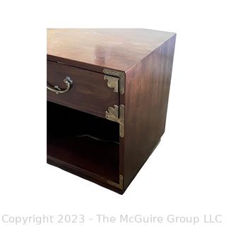 Henredon Campaign Style Walnut Nightstand.  Second of Two Offered in the Auction. Measures 22w x 18d x 23"h  