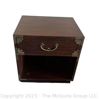 Henredon Campaign Style Walnut Nightstand.  Second of Two Offered in the Auction. Measures 22w x 18d x 23"h  