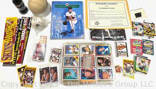 Collection of Memorabilia Including 1980's-90's Baseball Trading Cards, Bumper Stickers, Orioles Honorary Contract for Catching a Foul Ball, a Mike Mussina Game Program and oversized Soft Ball 