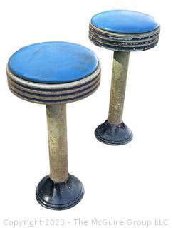 Set of Two (2) Art Deco Chrome & Blue Vinyl Soda Fountain Stools. Measures 12w x 25.5"h