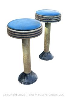 Set of Two (2) Art Deco Chrome & Blue Vinyl Soda Fountain Stools. Measures 12w x 25.5"h