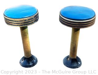 Set of Two (2) Art Deco Chrome & Blue Vinyl Soda Fountain Stools. Measures 12w x 25.5"h