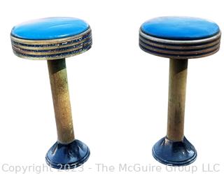 Set of Two (2) Art Deco Chrome & Blue Vinyl Soda Fountain Stools. Measures 12w x 25.5"h