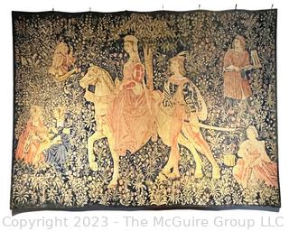 La Noble Amazone Reproduction Wall Tapestry - Tells The Tale Of A Noble Lady On Horseback Traveling In The Company Of A Young Lord.  Measures 74w x 55.5"h