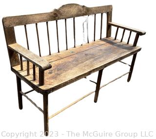 Primitive Spindle Back Wood Garden or Meeting House Bench. Measures 48w x 18d x 30"h