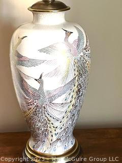 Vintage Frederick Cooper Hand Painted Peacock Ginger Jar Table Lamp. Measures 32" Tall