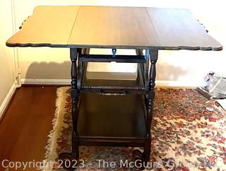 Mahogany Rolling Drop Leaf Trolley Bar Cart with Glass Shelf. 