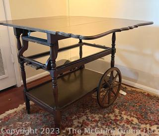 Mahogany Rolling Drop Leaf Trolley Bar Cart with Glass Shelf. 