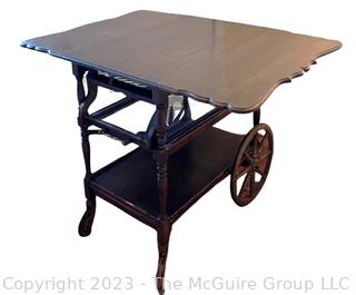 Mahogany Rolling Drop Leaf Trolley Bar Cart with Glass Shelf. 