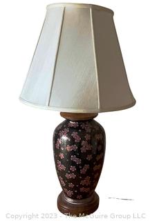 Asian Black and Floral Motif Table Lamp with Microsun Lighting.  30" tall including harp.