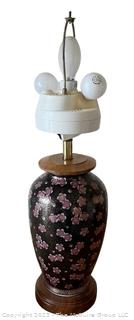 Asian Black and Floral Motif Table Lamp with Microsun Lighting.  30" tall including harp.