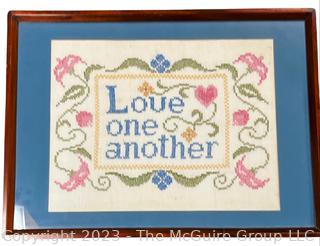 Framed Under Glass Hand Made Cross Stitch "Love One Another" 