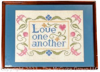 Framed Under Glass Hand Made Cross Stitch "Love One Another" 