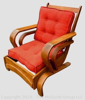 Mid Century Modern Art Deco Maple Bent Wood Lounge Chair with Orange Cushions.  