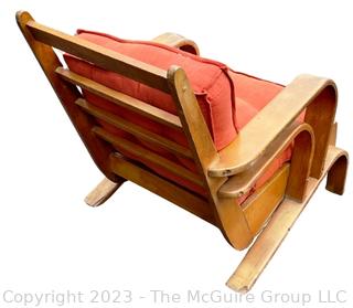 Mid Century Modern Art Deco Maple Bent Wood Lounge Chair with Orange Cushions.  