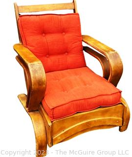 Mid Century Modern Art Deco Maple Bent Wood Lounge Chair with Orange Cushions.  