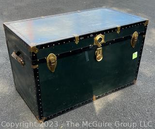 Green Footlocker Brass Latches and Removable Tray. First of Four Being Offered in This Auction.  21" x 39" x 25"