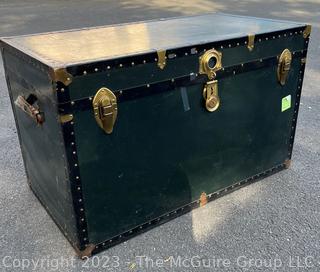 Green Footlocker Brass Latches and Removable Tray. First of Four Being Offered in This Auction.  21" x 39" x 25"