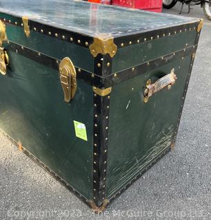 Green Footlocker Brass Latches and Removable Tray. First of Four Being Offered in This Auction.  21" x 39" x 25"