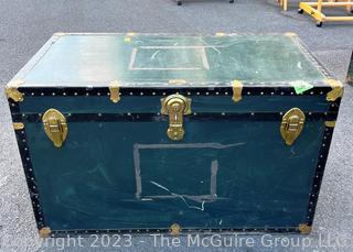 Green Footlocker Brass Latches and Removable Tray. Fourth of Four Being Offered in This Auction.  21" x 39" x 25"