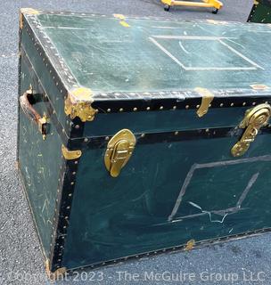 Green Footlocker Brass Latches and Removable Tray. Fourth of Four Being Offered in This Auction.  21" x 39" x 25"