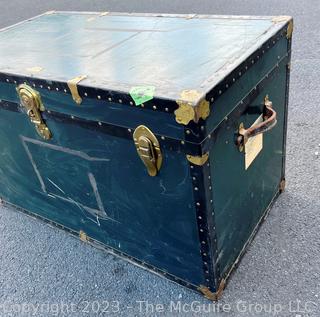 Green Footlocker Brass Latches and Removable Tray. Fourth of Four Being Offered in This Auction.  21" x 39" x 25"