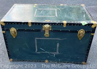 Green Footlocker Brass Latches and Removable Tray. Fourth of Four Being Offered in This Auction.  21" x 39" x 25"