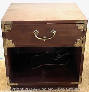 Henredon Campaign Style Walnut Nightstand.  First of Two Offered in the Auction. Measures 22w x 18d x 23"h