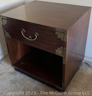 Henredon Campaign Style Walnut Nightstand.  Second of Two Offered in the Auction. Measures 22w x 18d x 23"h  