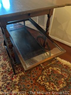 Mahogany Rolling Drop Leaf Trolley Bar Cart with Glass Shelf. 