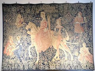 La Noble Amazone Reproduction Wall Tapestry - Tells The Tale Of A Noble Lady On Horseback Traveling In The Company Of A Young Lord.  Measures 74w x 55.5"h